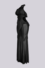 Mesh ruffle maxi dress with halter neckline, Sheer mesh bodice panels featuring cut-out waist detail
