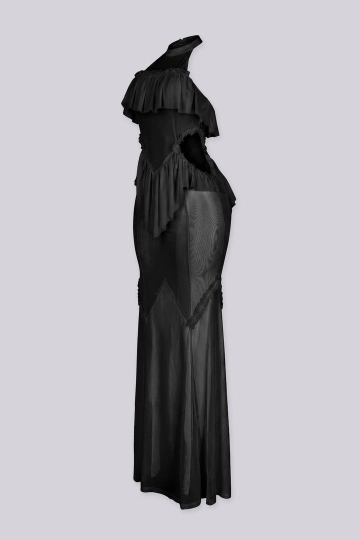 Mesh ruffle maxi dress with halter neckline, Sheer mesh bodice panels featuring cut-out waist detail