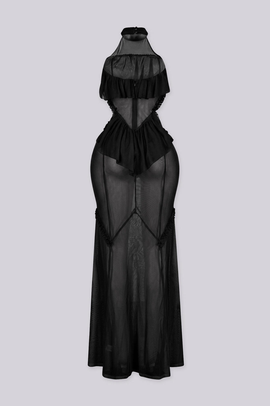 Mesh ruffle maxi dress with halter neckline, Sheer mesh bodice panels featuring cut-out waist detail