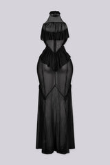 Mesh ruffle maxi dress with halter neckline, Sheer mesh bodice panels featuring cut-out waist detail