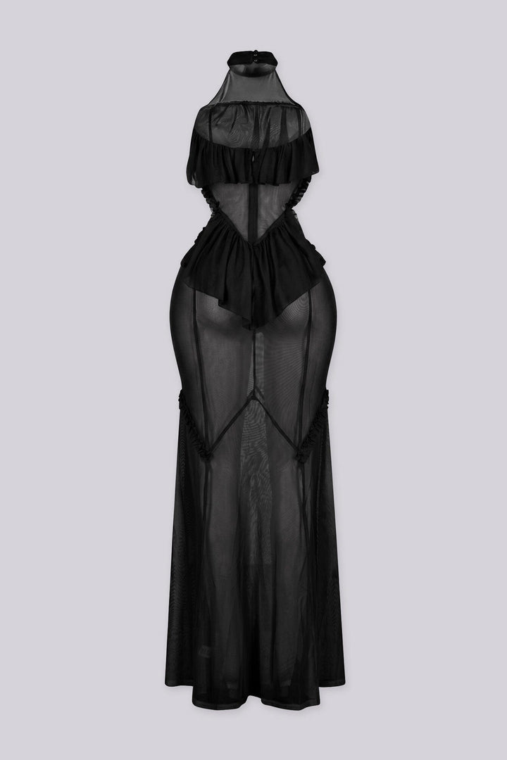 Mesh ruffle maxi dress with halter neckline, Sheer mesh bodice panels featuring cut-out waist detail