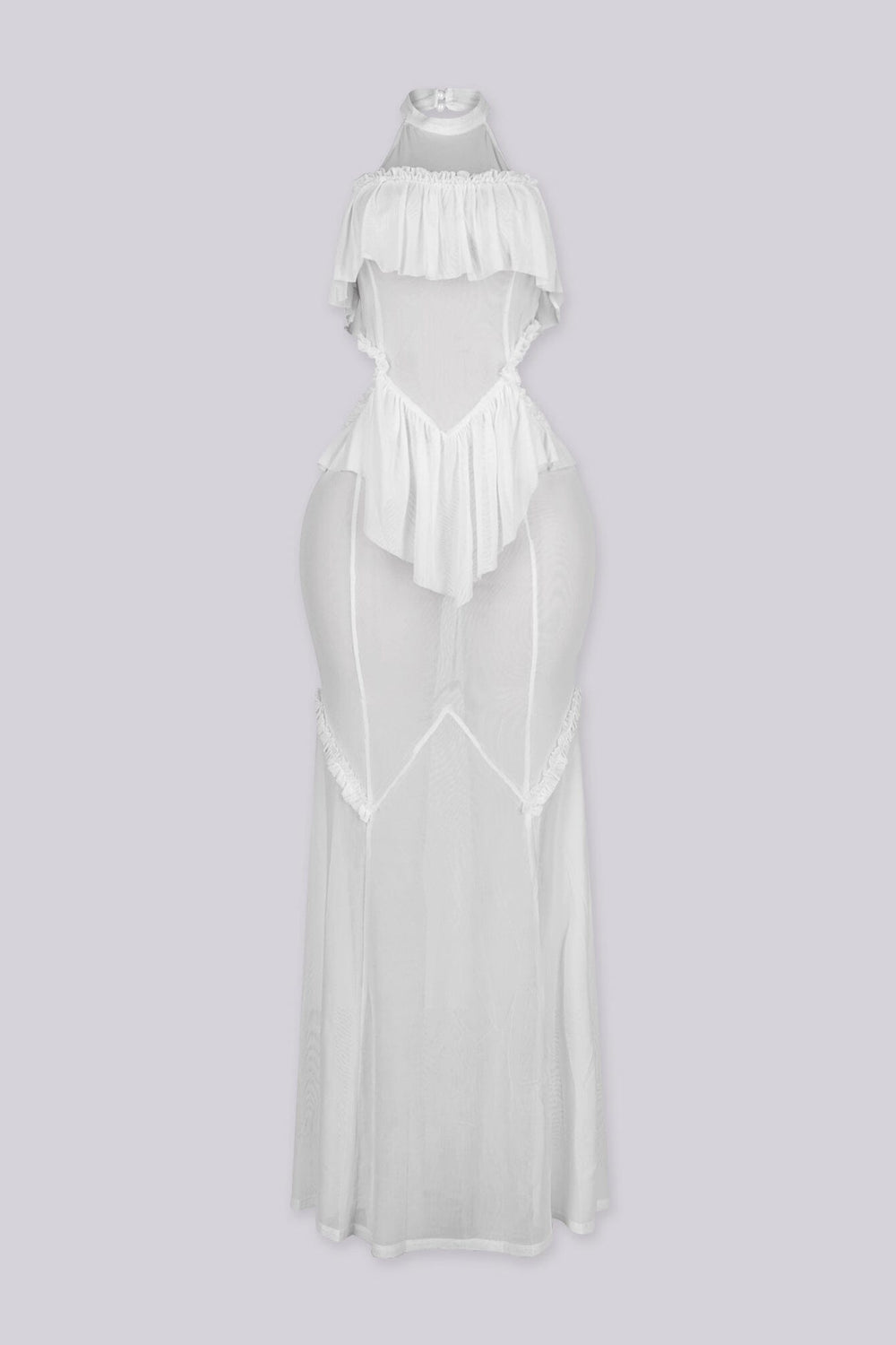 Mesh ruffle maxi dress with halter neckline, Sheer mesh bodice panels featuring cut-out waist detail