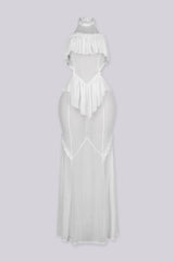 Mesh ruffle maxi dress with halter neckline, Sheer mesh bodice panels featuring cut-out waist detail