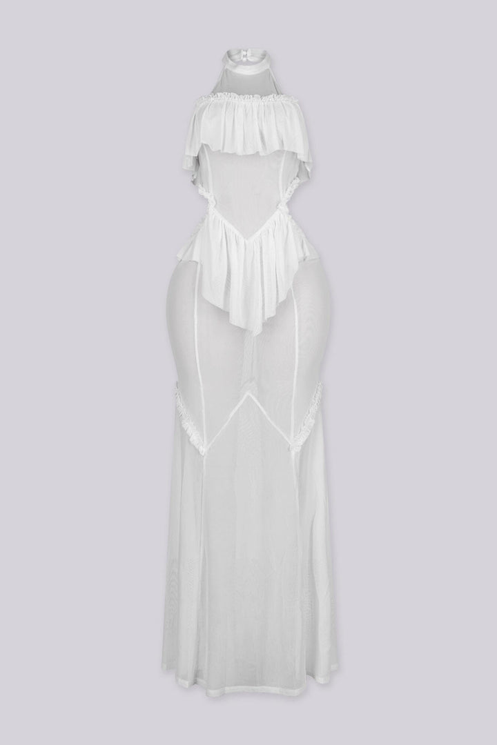 Mesh ruffle maxi dress with halter neckline, Sheer mesh bodice panels featuring cut-out waist detail