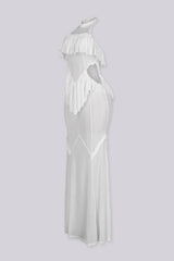 Mesh ruffle maxi dress with halter neckline, Sheer mesh bodice panels featuring cut-out waist detail