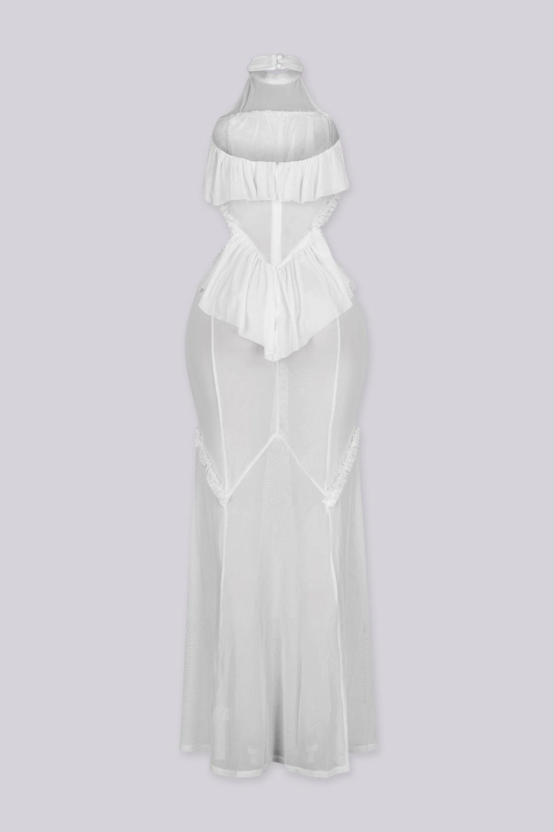 Mesh ruffle maxi dress with halter neckline, Sheer mesh bodice panels featuring cut-out waist detail