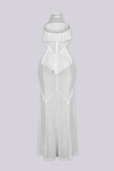 Mesh ruffle maxi dress with halter neckline, Sheer mesh bodice panels featuring cut-out waist detail
