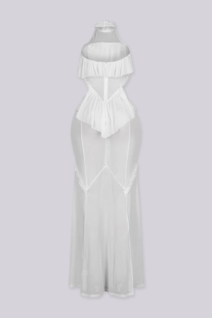 Mesh ruffle maxi dress with halter neckline, Sheer mesh bodice panels featuring cut-out waist detail