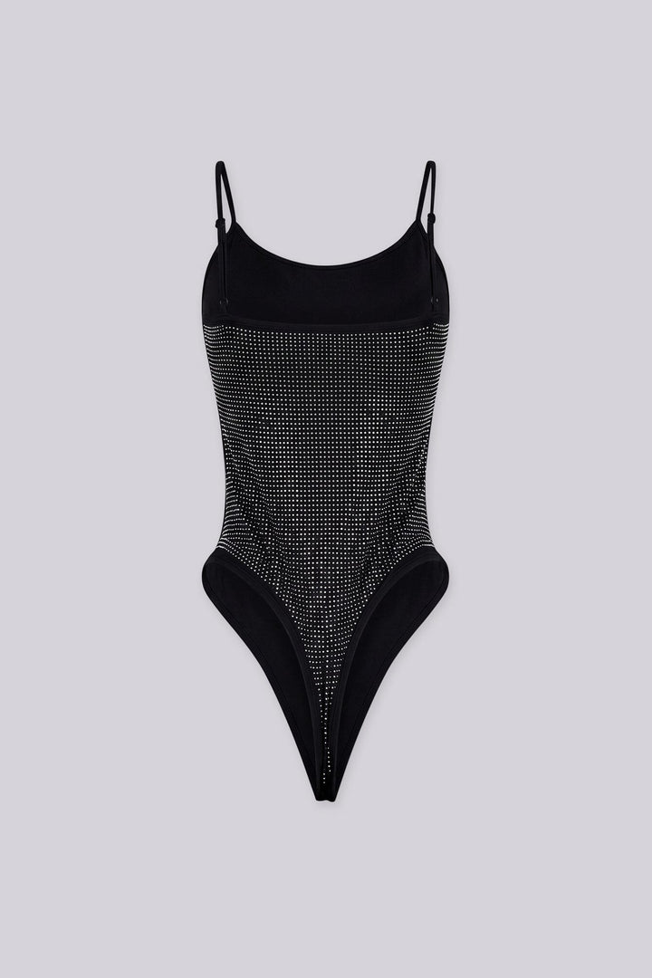 EDGEBYKS - Rhinestone embellished bodysuit with adjustable spaghetti straps, black back view