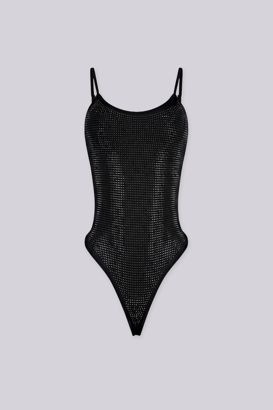 EDGEBYKS - Rhinestone embellished bodysuit with adjustable spaghetti straps, black front view