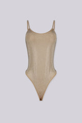 EDGEBYKS - Rhinestone embellished bodysuit with adjustable spaghetti straps, taupe front view