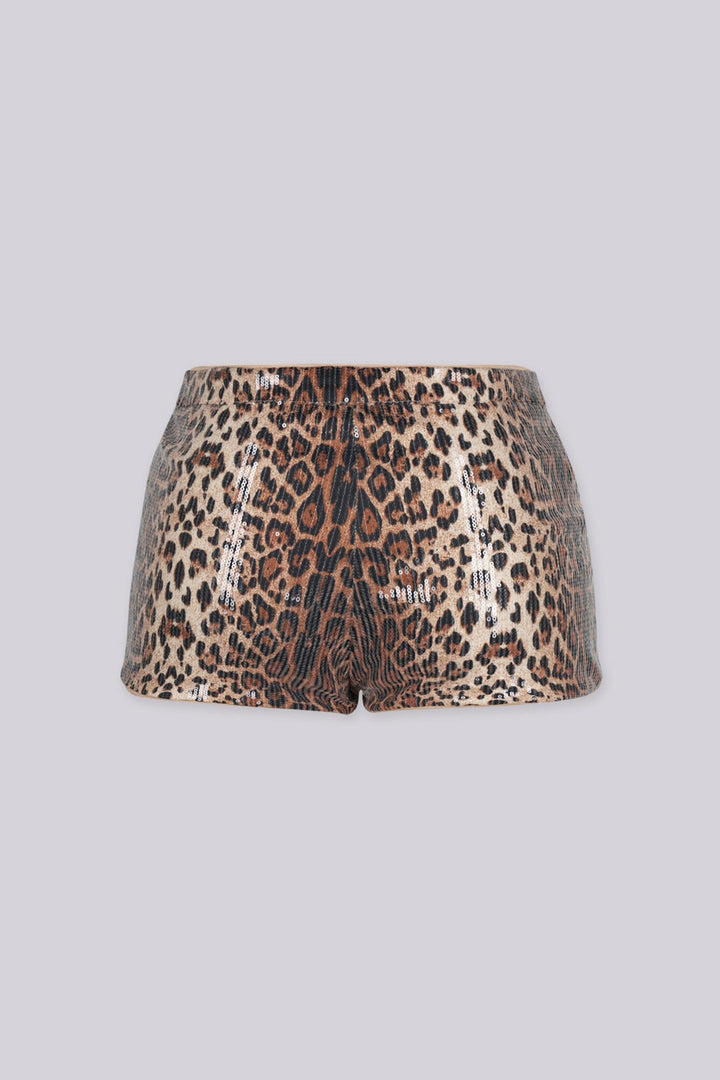 EDGEBYKS - Low rise animal printed shorts featuring allover sparkling sequin design, back view.