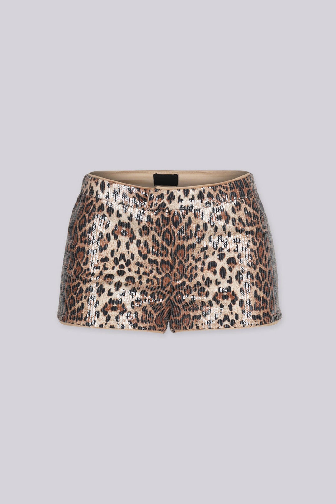 EDGEBYKS - Low rise animal printed shorts featuring allover sparkling sequin design, front view.