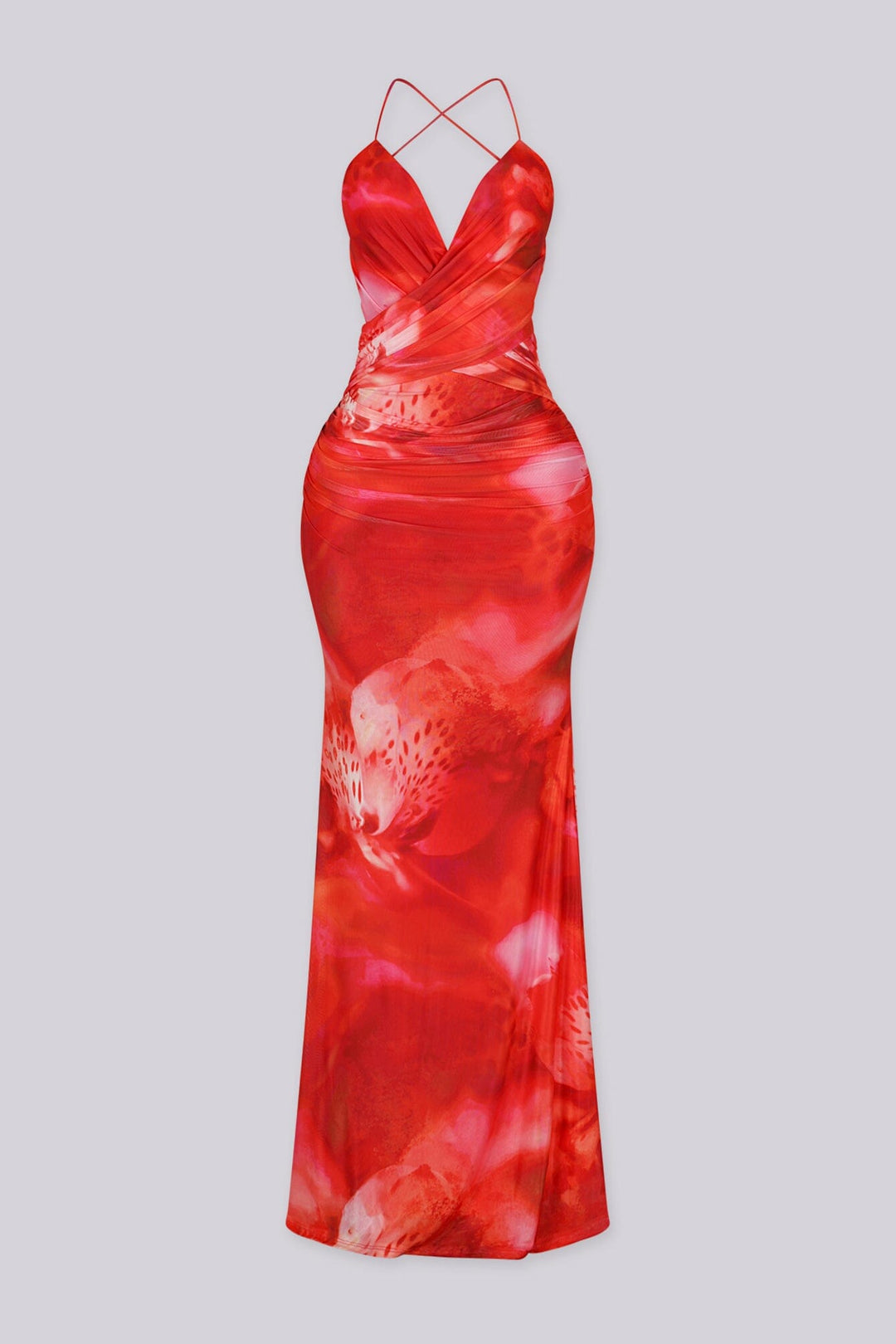 Padded halter maxi dress in abstract floral print
Ruched draping with crisscross open back detail