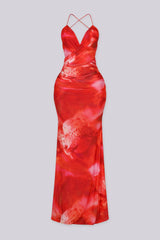 Padded halter maxi dress in abstract floral print
Ruched draping with crisscross open back detail