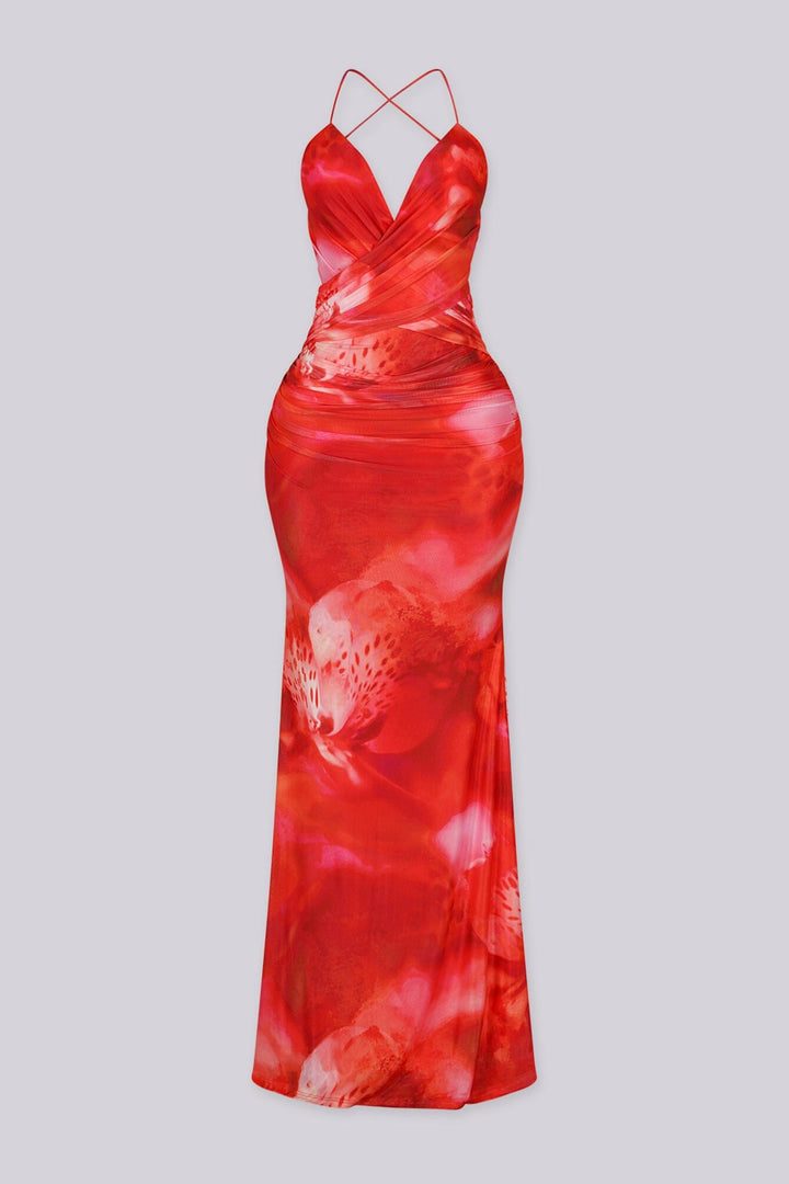 Padded halter maxi dress in abstract floral print
Ruched draping with crisscross open back detail