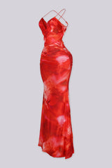Padded halter maxi dress in abstract floral print
Ruched draping with crisscross open back detail
