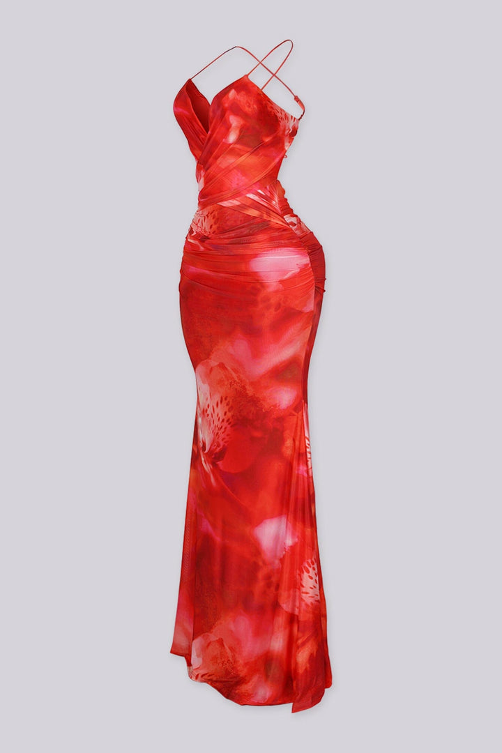 Padded halter maxi dress in abstract floral print
Ruched draping with crisscross open back detail