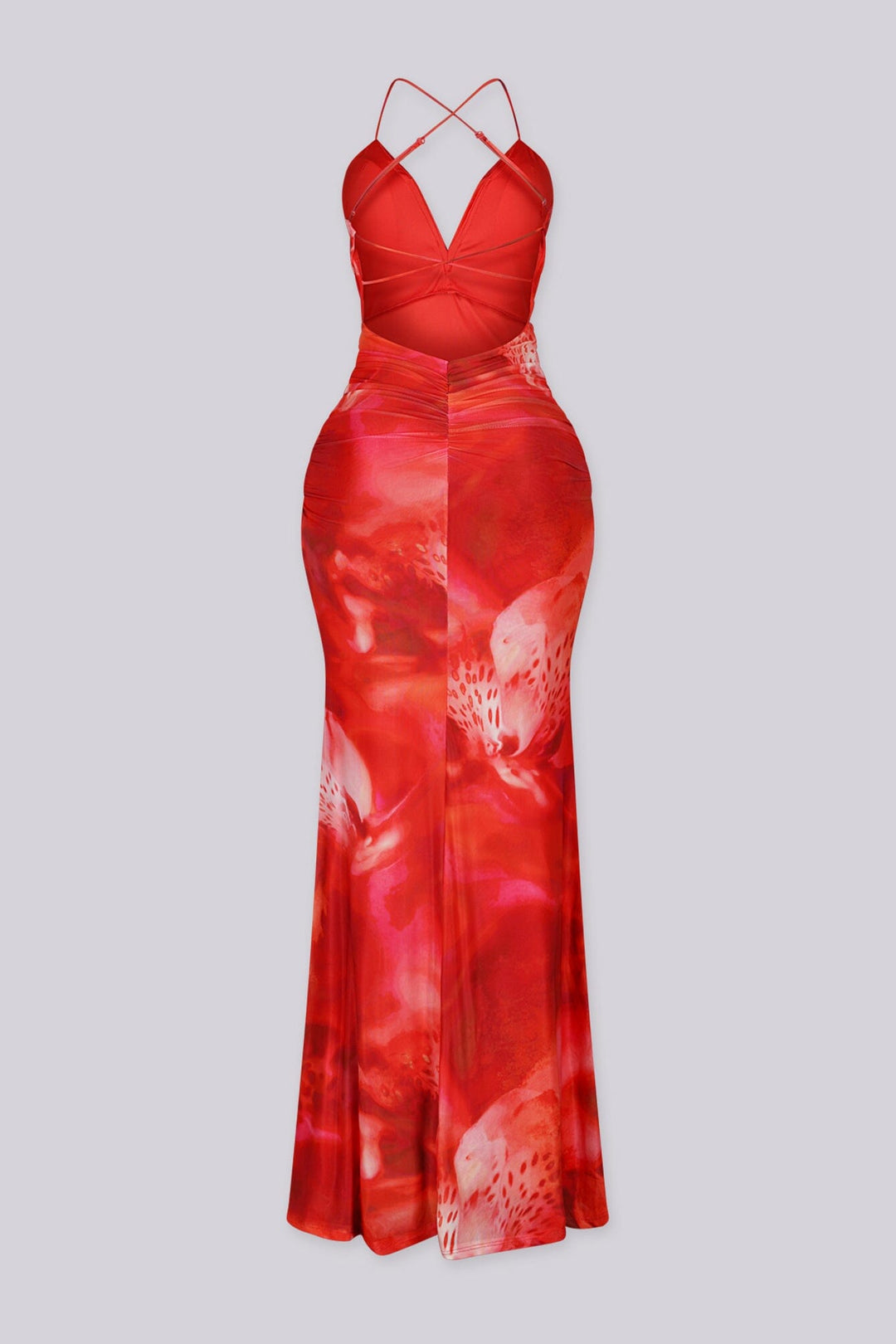 Padded halter maxi dress in abstract floral print
Ruched draping with crisscross open back detail