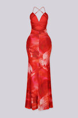 Padded halter maxi dress in abstract floral print
Ruched draping with crisscross open back detail