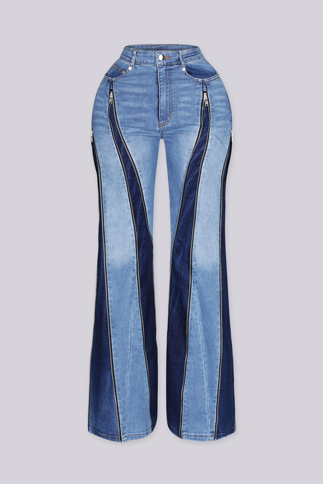 High waist denim jeans with front and back zipper details
Adjustable zippers allow straight, skinny, or bell-bottom styling