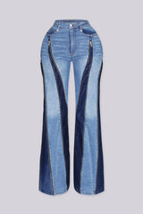High waist denim jeans with front and back zipper details
Adjustable zippers allow straight, skinny, or bell-bottom styling