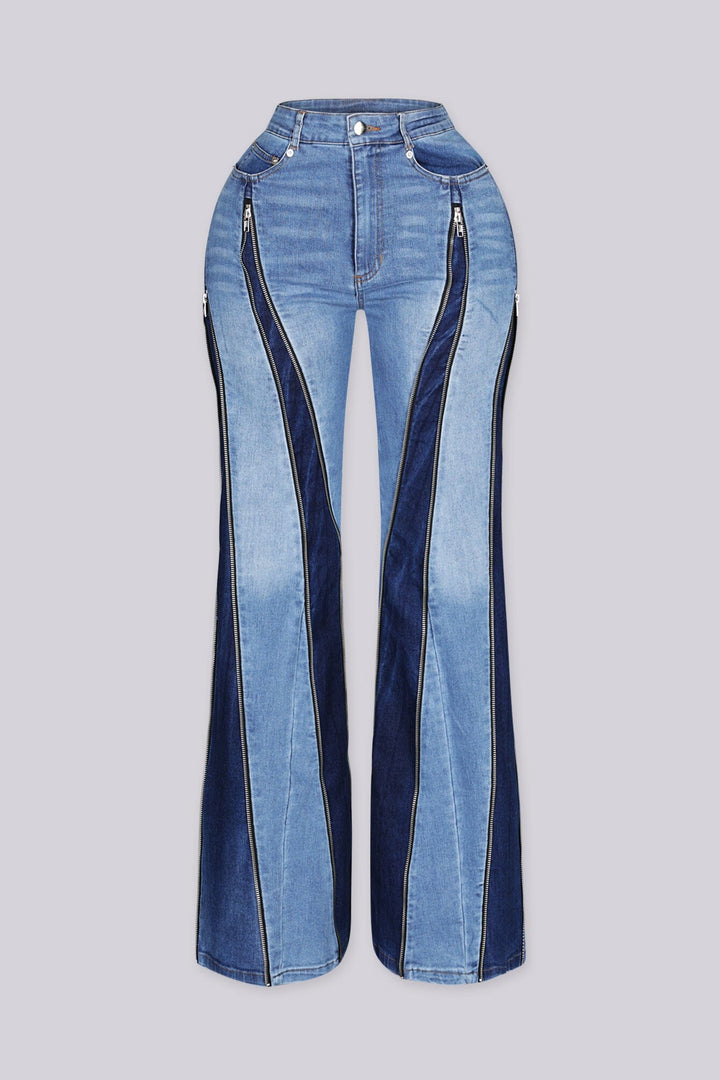 High waist denim jeans with front and back zipper details
Adjustable zippers allow straight, skinny, or bell-bottom styling