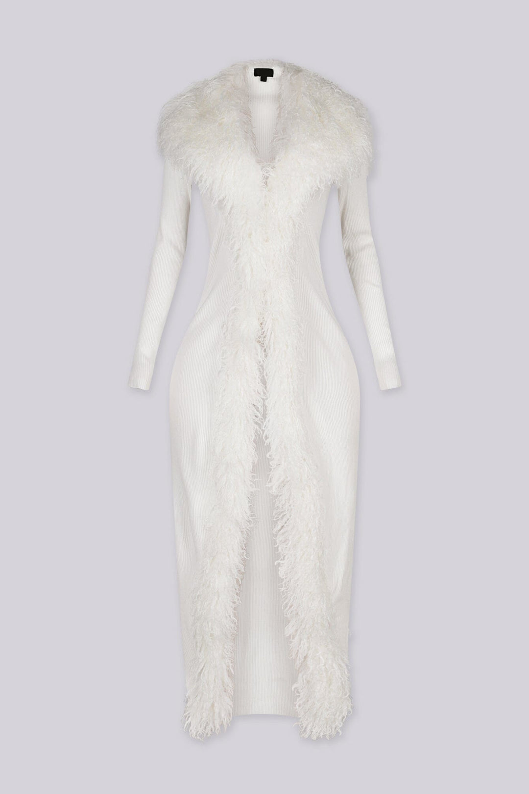Maxi length ribbed knit sweater with oversized faux fur collar and trim down the front
