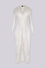 Maxi length ribbed knit sweater with oversized faux fur collar and trim down the front
