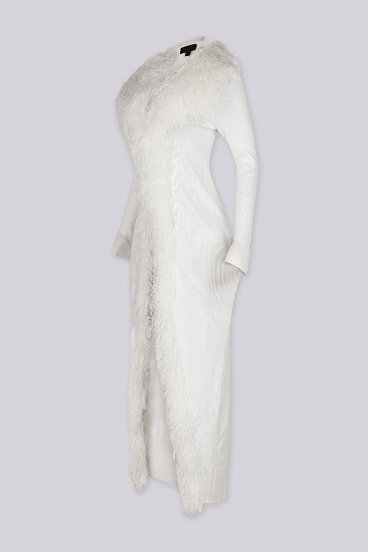 Ingrid Faux Fur Trim Ribbed Maxi Cardigan