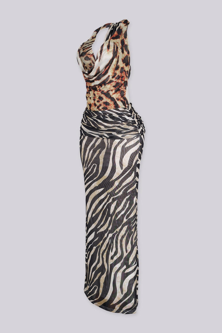 Animal print halter maxi dress featuring plunging draped cowl neckline with ruched fitted bodice