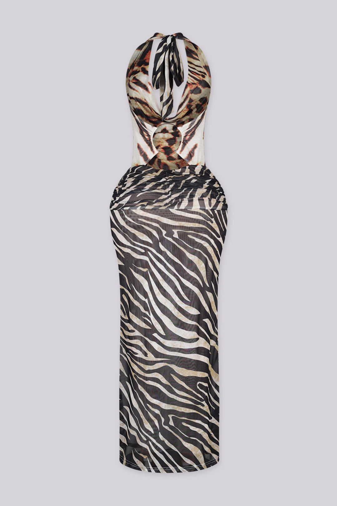 Animal print halter maxi dress featuring plunging draped cowl neckline with ruched fitted bodice