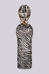 Animal print halter maxi dress featuring plunging draped cowl neckline with ruched fitted bodice