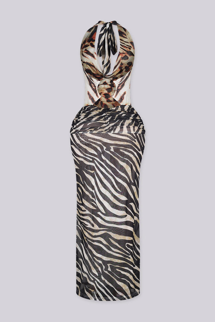 Animal print halter maxi dress featuring plunging draped cowl neckline with ruched fitted bodice