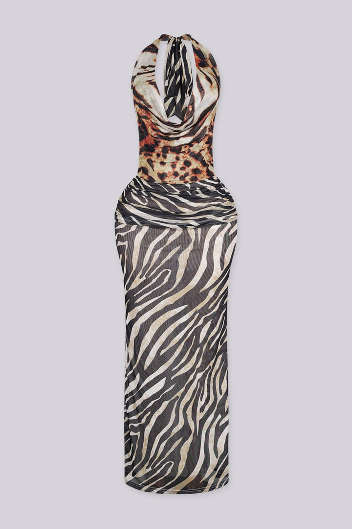 Animal print halter maxi dress featuring plunging draped cowl neckline with ruched fitted bodice