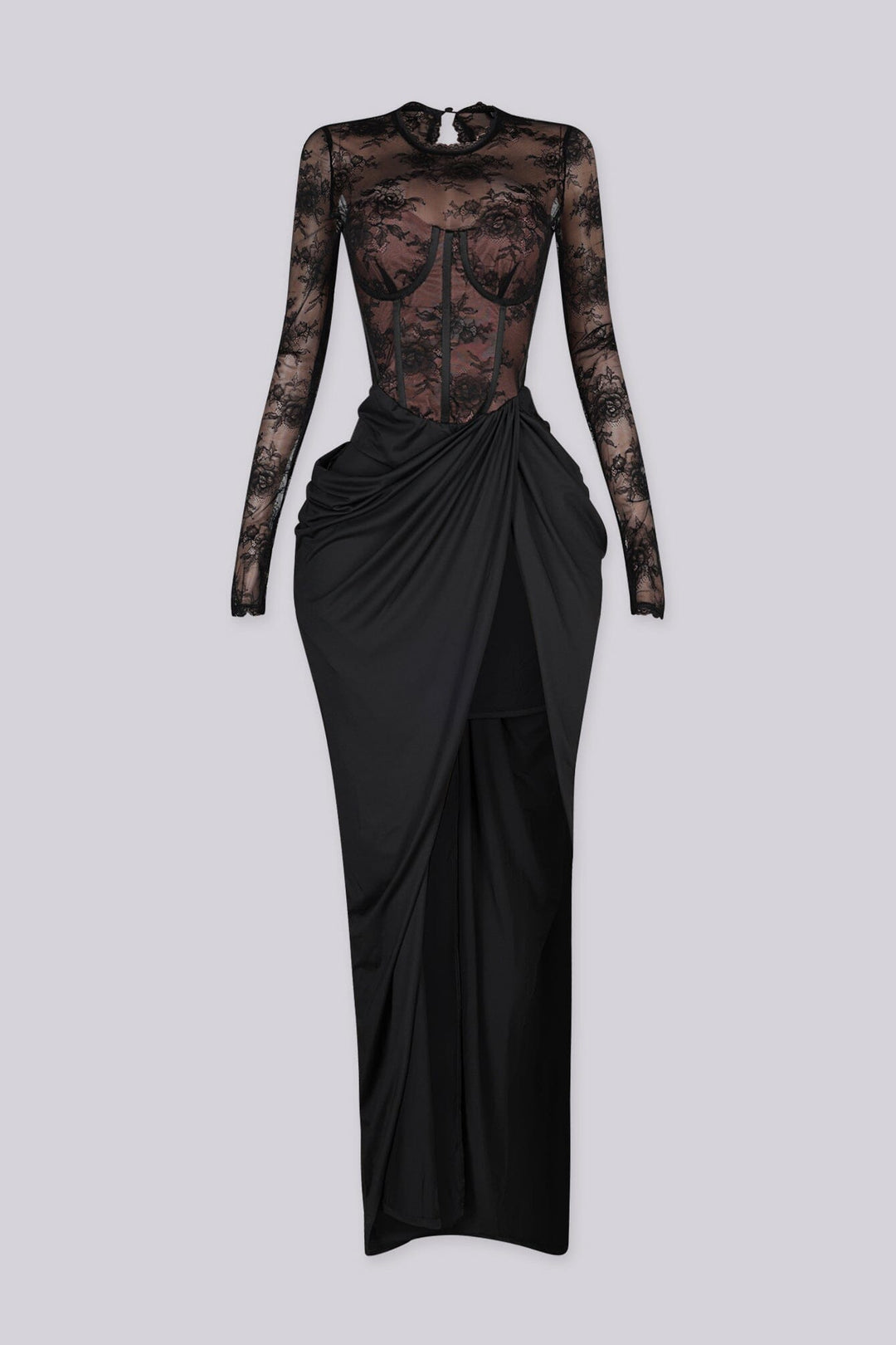 Long sleeve maxi dress with sheer lace corset bodice with contrasting nude lining for illusion effect