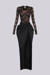 Long sleeve maxi dress with sheer lace corset bodice with contrasting nude lining for illusion effect