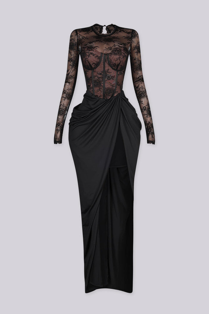 Long sleeve maxi dress with sheer lace corset bodice with contrasting nude lining for illusion effect