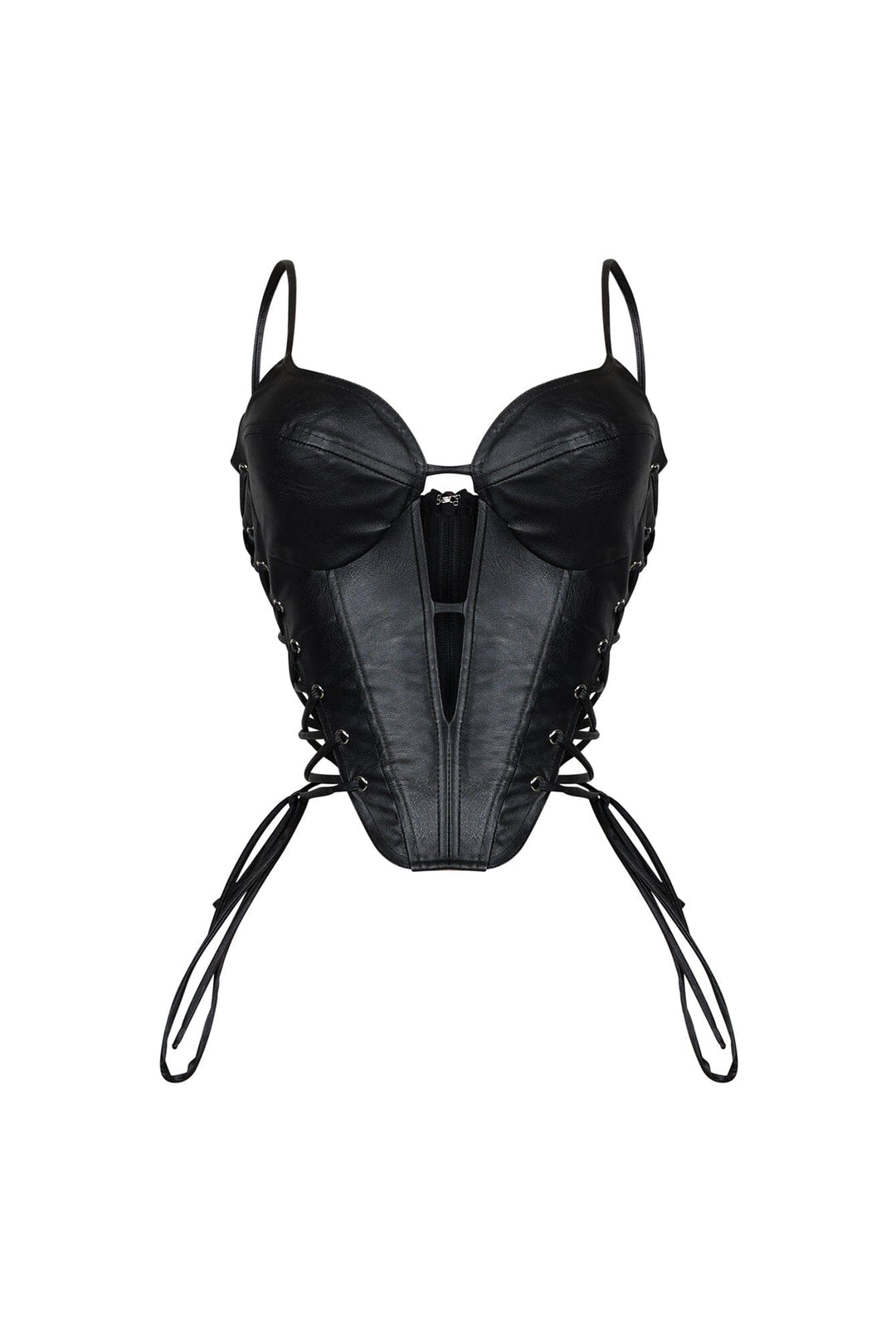 Faux leather bustier top with adjustable straps and padded cups featuring side lace up details