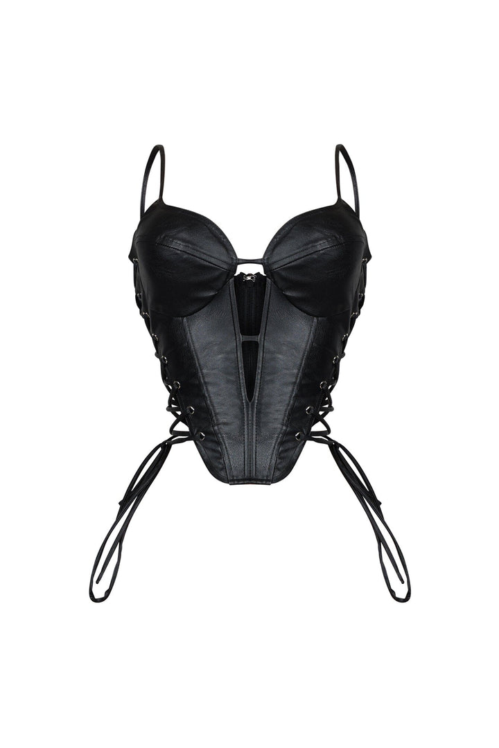 Faux leather bustier top with adjustable straps and padded cups featuring side lace up details