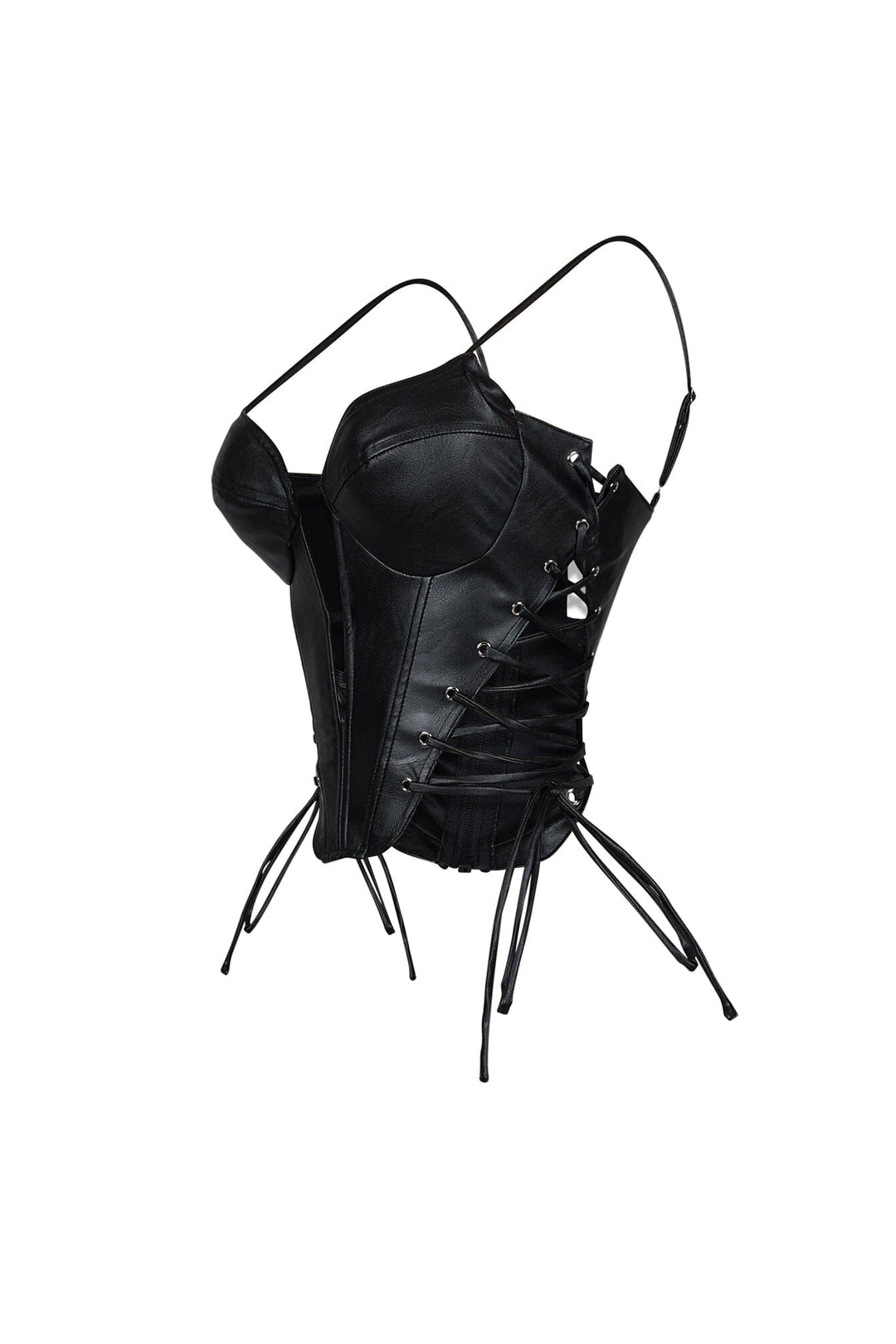 Faux leather bustier top with adjustable straps and padded cups featuring side lace up details