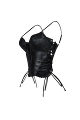 Faux leather bustier top with adjustable straps and padded cups featuring side lace up details