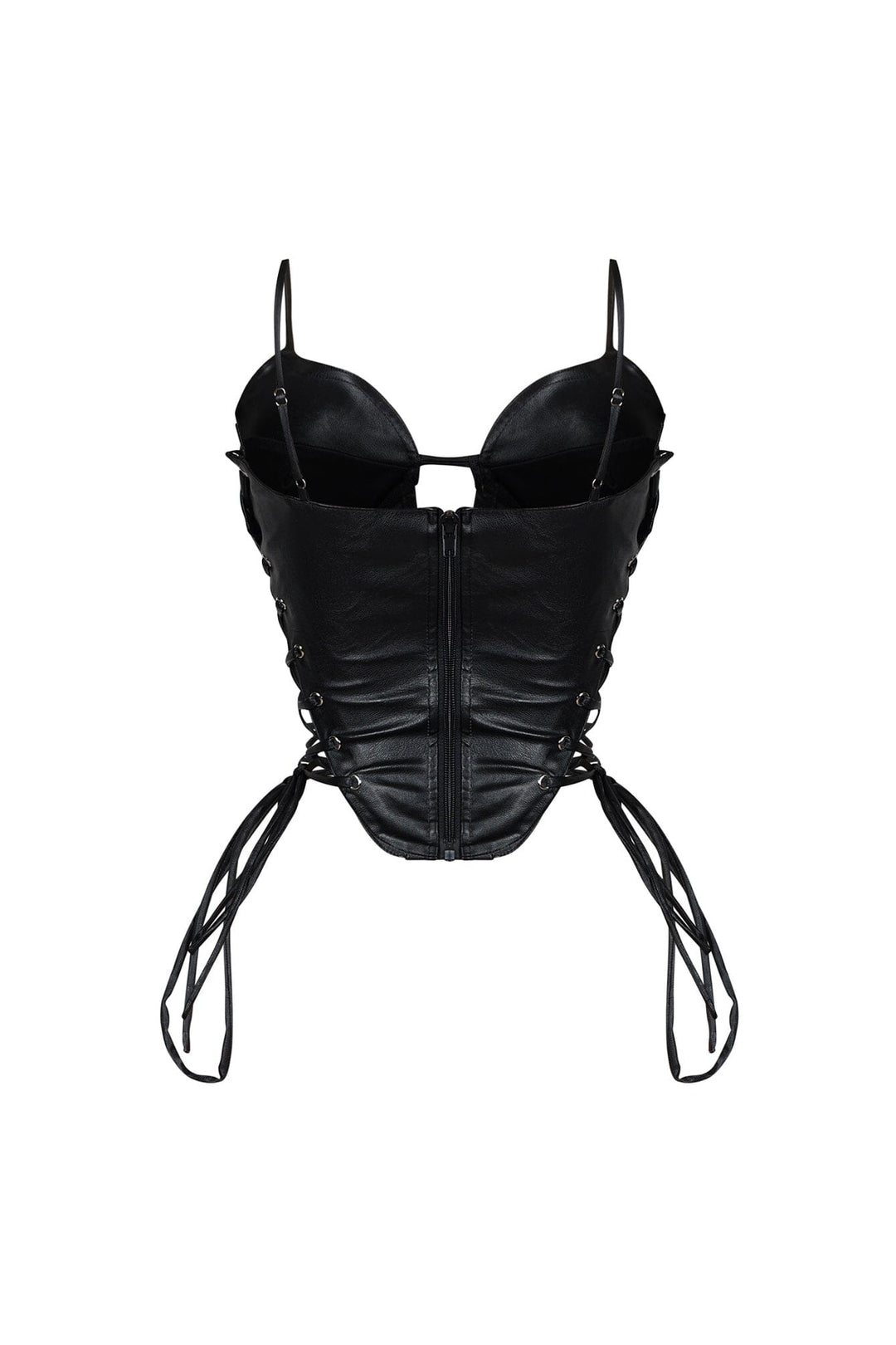 Faux leather bustier top with adjustable straps and padded cups featuring side lace up details