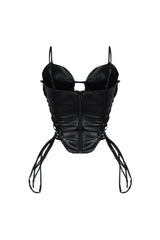 Faux leather bustier top with adjustable straps and padded cups featuring side lace up details