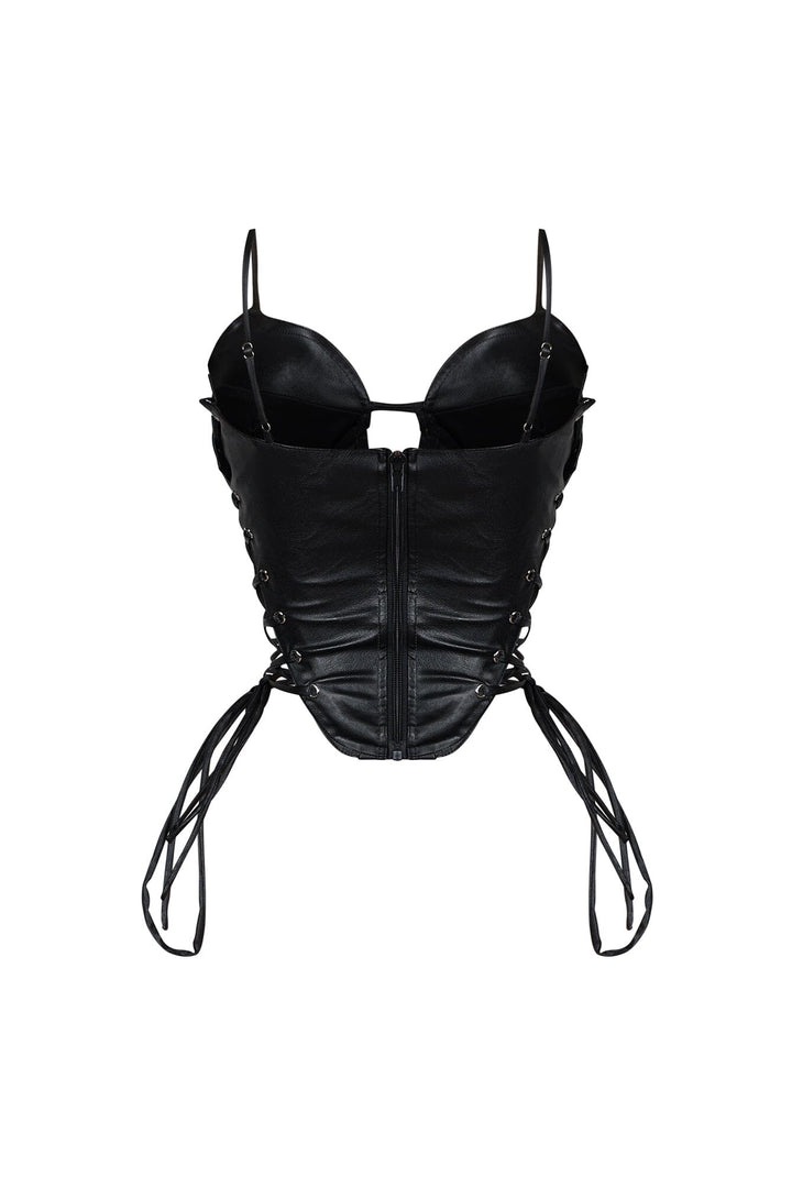 Faux leather bustier top with adjustable straps and padded cups featuring side lace up details
