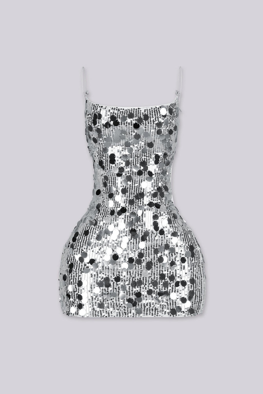 Fitted mini dress covered in oversized paillette sequins throughout with thin adjustable spaghetti straps