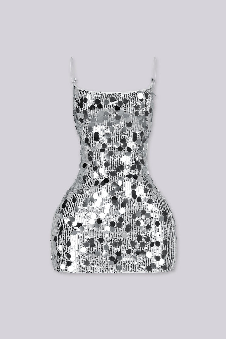 Fitted mini dress covered in oversized paillette sequins throughout with thin adjustable spaghetti straps