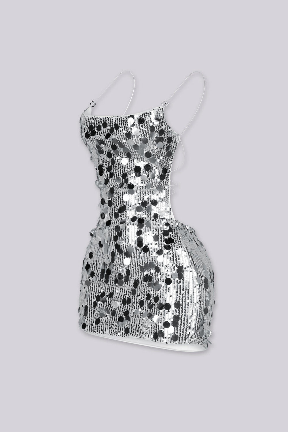 Fitted mini dress covered in oversized paillette sequins throughout with thin adjustable spaghetti straps
