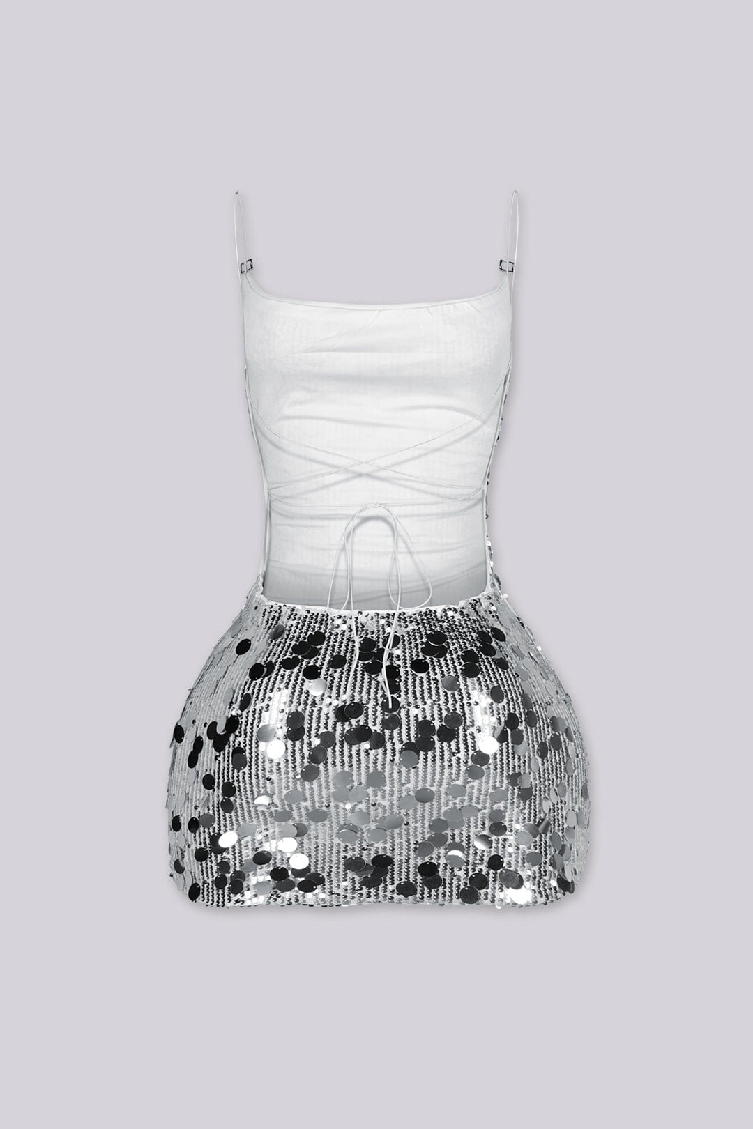 Fitted mini dress covered in oversized paillette sequins throughout with thin adjustable spaghetti straps