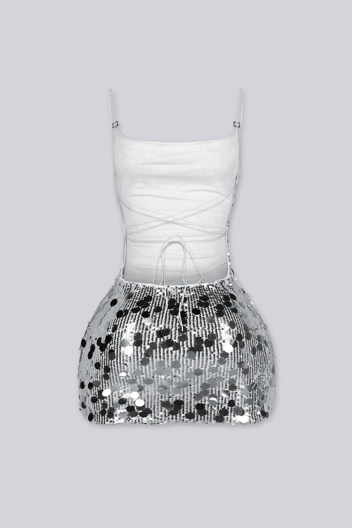 Fitted mini dress covered in oversized paillette sequins throughout with thin adjustable spaghetti straps